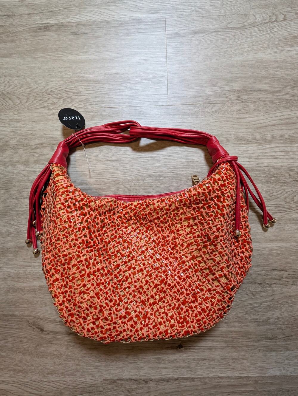 Izaro Hobo Shoulder Bag Orange Red Woven Tassel Faux Leather Slouchy Handbag
